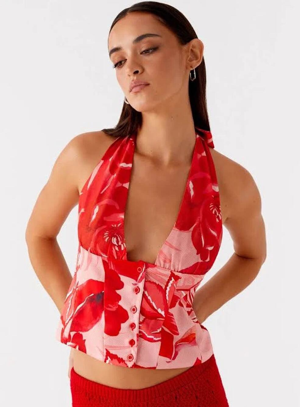 NEW! Peppermayo Lets Pretend Halterneck red floral Top sicily sunsets print US 0
